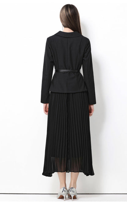 Retro Pleated Detail Long Black Dress