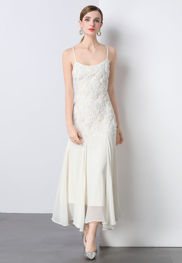 French Rose Embroidered Mermaid Strappy Maxi Dress