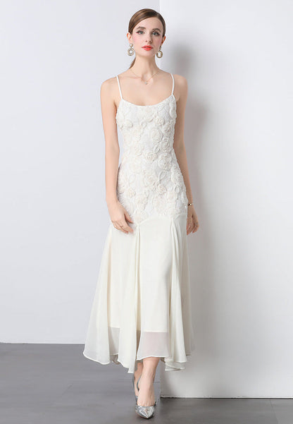 French Rose Embroidered Mermaid Strappy Maxi Dress