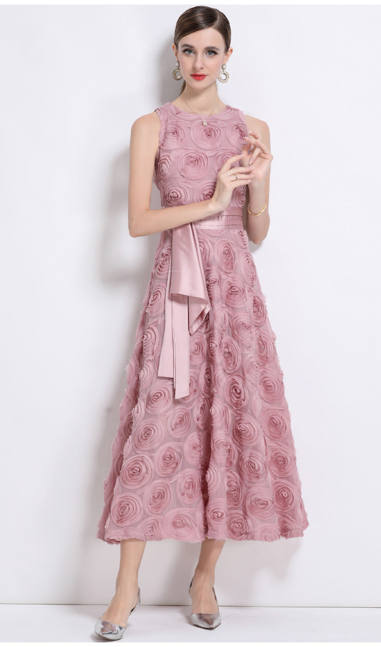 Elegant 3D Floral Belted Maxi Dress