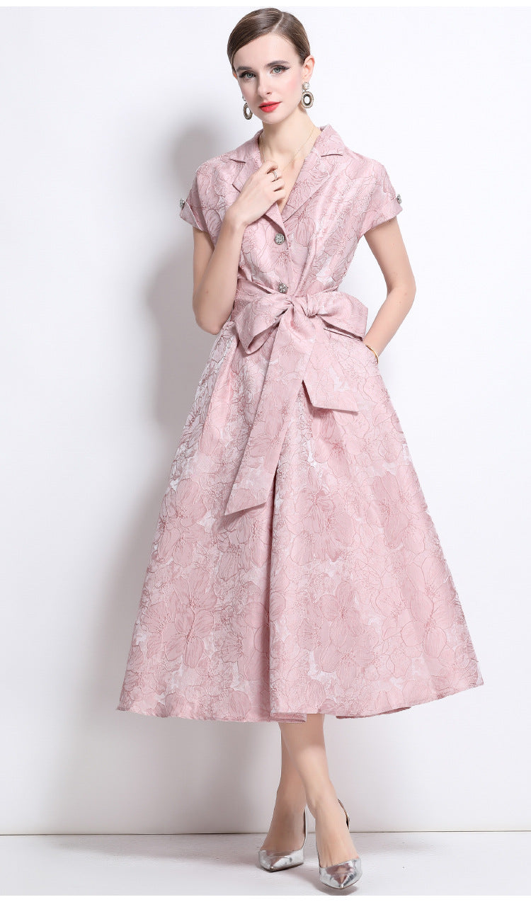 Jacquard A-Line Evening Gown with Full Flowing Skirt