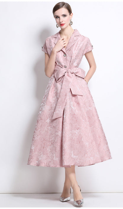 Jacquard A-Line Evening Gown with Full Flowing Skirt
