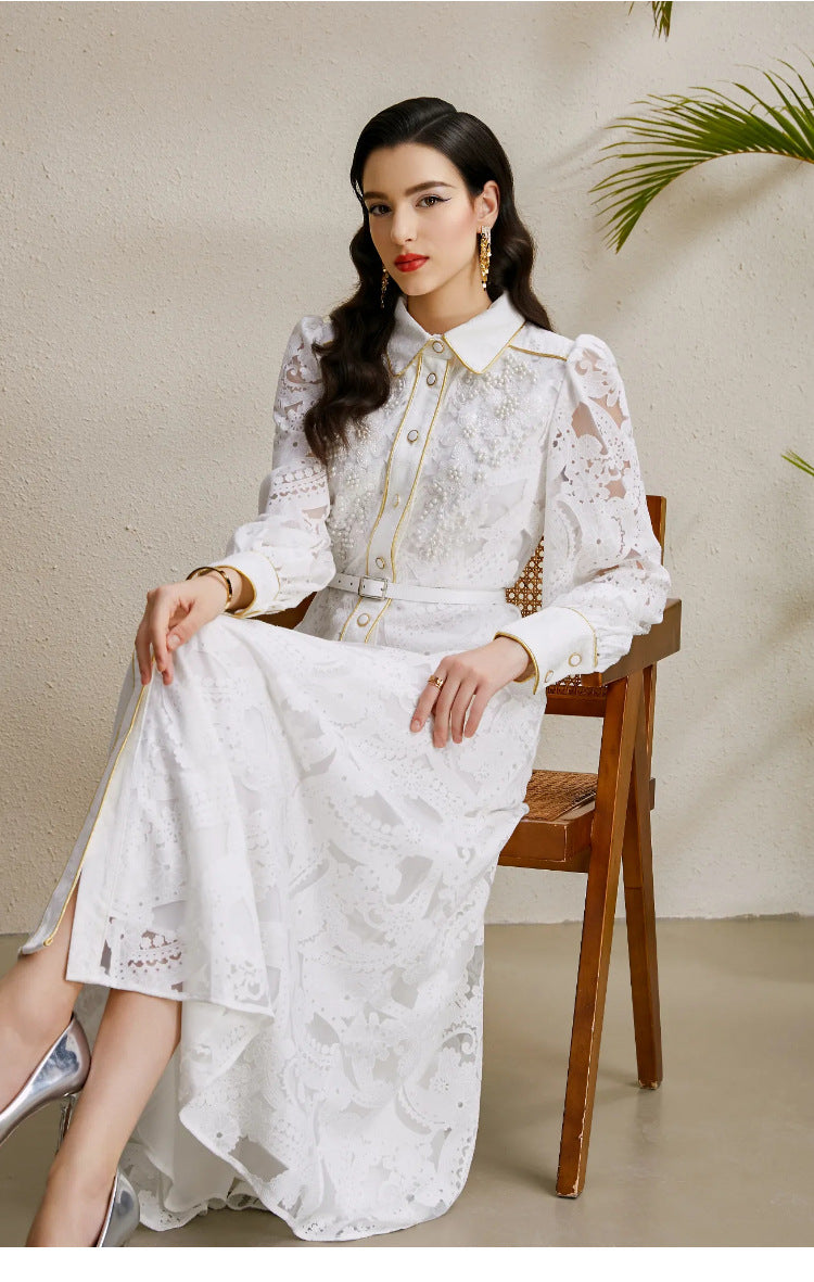 Beaded Lace Maxi Dress with Gold Trim – Elegant Retro Gown