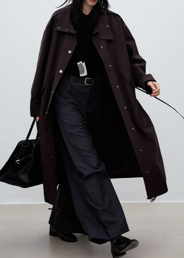 Oversized British-Style Long Trench Coat – Coffee Brown