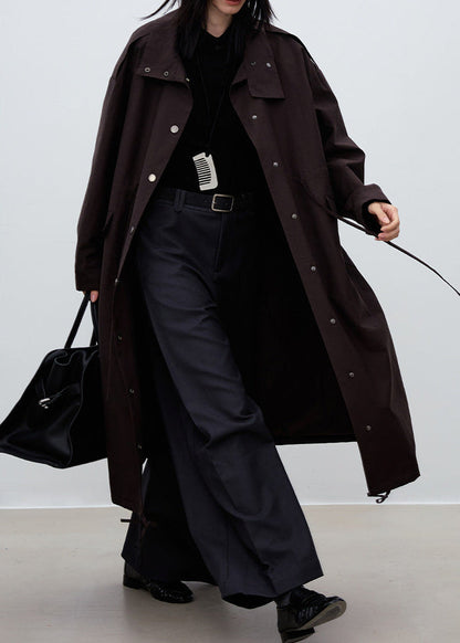 Oversized British-Style Long Trench Coat – Coffee Brown
