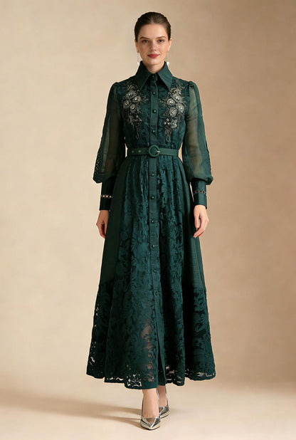 Lace Collar Lantern Sleeve Midi Dress