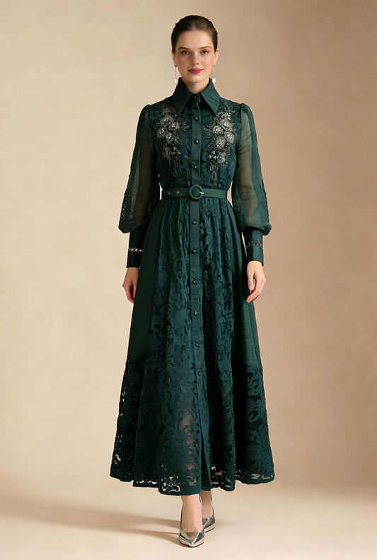 Lace Collar Lantern Sleeve Midi Dress