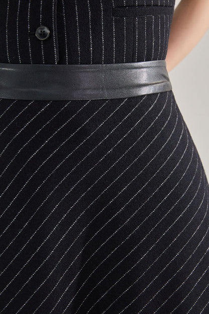 Classic French Style Pinstripe Vest & High-Waisted Skirt Set