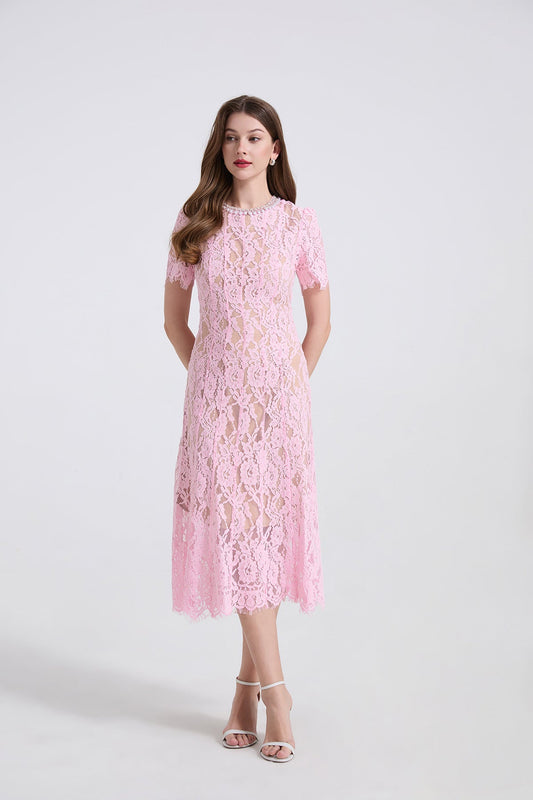 Pearl Embellished Lace Midi Dress