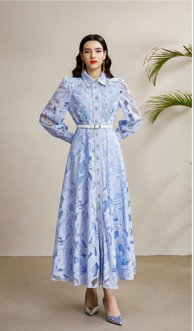 Beaded Lace Maxi Dress with Gold Trim – Elegant Retro Gown