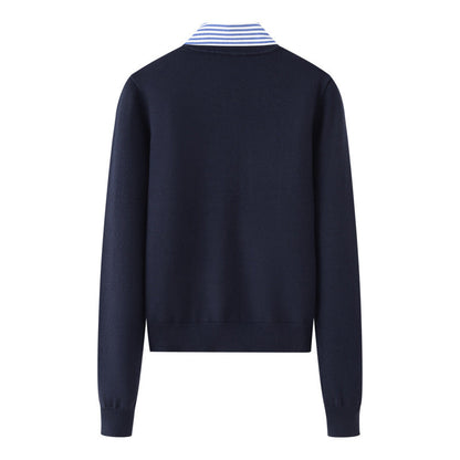 Fake Two-Piece Women's Sweater – Striped Polo Collar Design