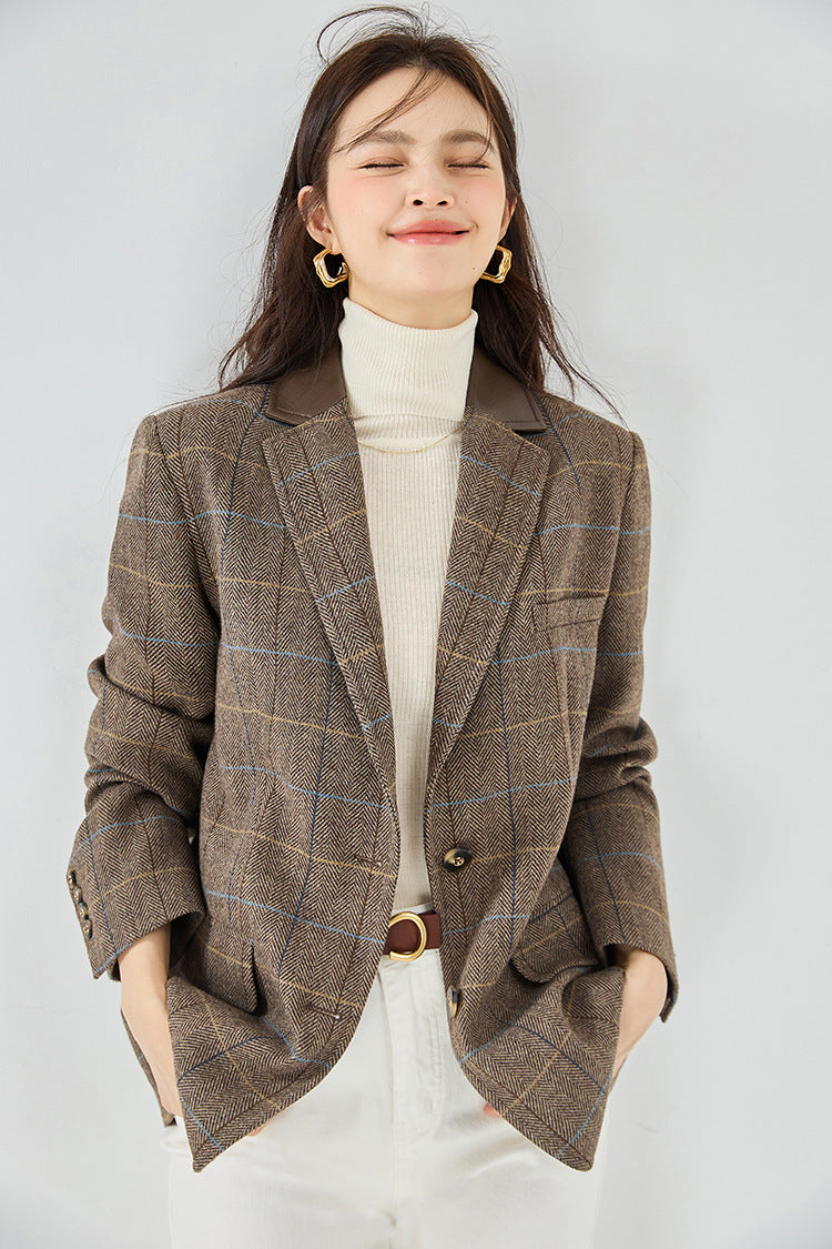 Fine Wool Plaid Oversized Blazer Coat – Coffee Brown
