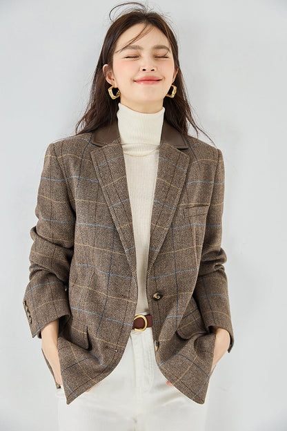 Fine Wool Plaid Oversized Blazer Coat – Coffee Brown