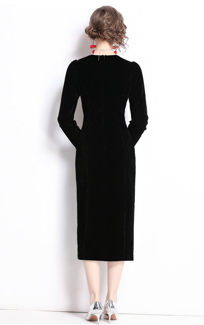 Black Velvet Elegant Slit Midi Dress – Classic French Sophistication
