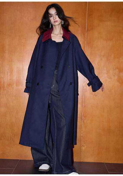 Contrast Detail Retro Mid-Length Loose Trench Coat