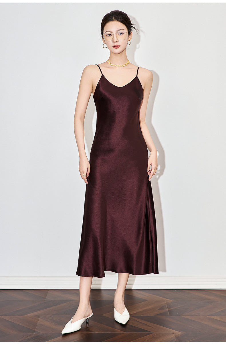 Satin-Texture Acetate Slip Dress with Spaghetti Straps