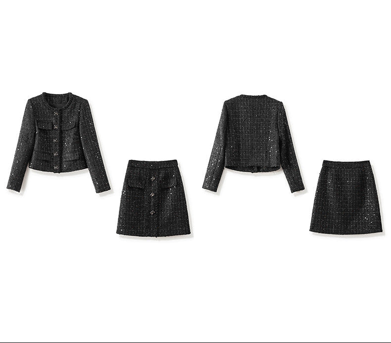 Lustrous Wool-Blend Two-Piece Set – Tweed Jacket & Mini Skirt