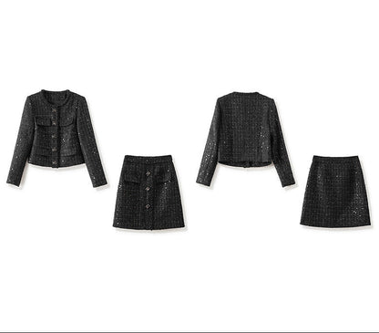 Lustrous Wool-Blend Two-Piece Set – Tweed Jacket & Mini Skirt