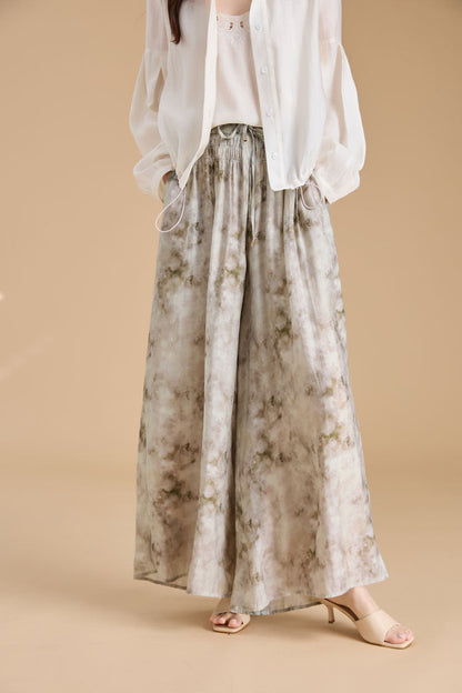 Elegant Ink Print Wide-Leg Tencel Pants