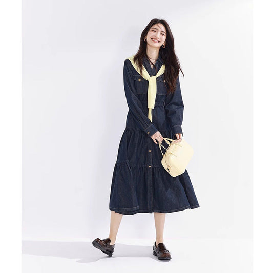 High-Waisted Tiered Midi Denim Dress – Button-Up Shirt Style with Layered Skirt