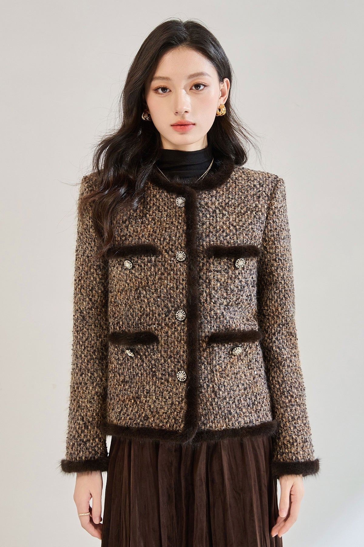 Luxury Tweed Short Puffer Jacket with White Duck Down Filling