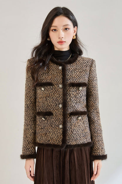 Luxury Tweed Short Puffer Jacket with White Duck Down Filling
