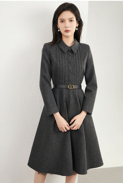 Wool-Blend Herringbone A-Line French Dress