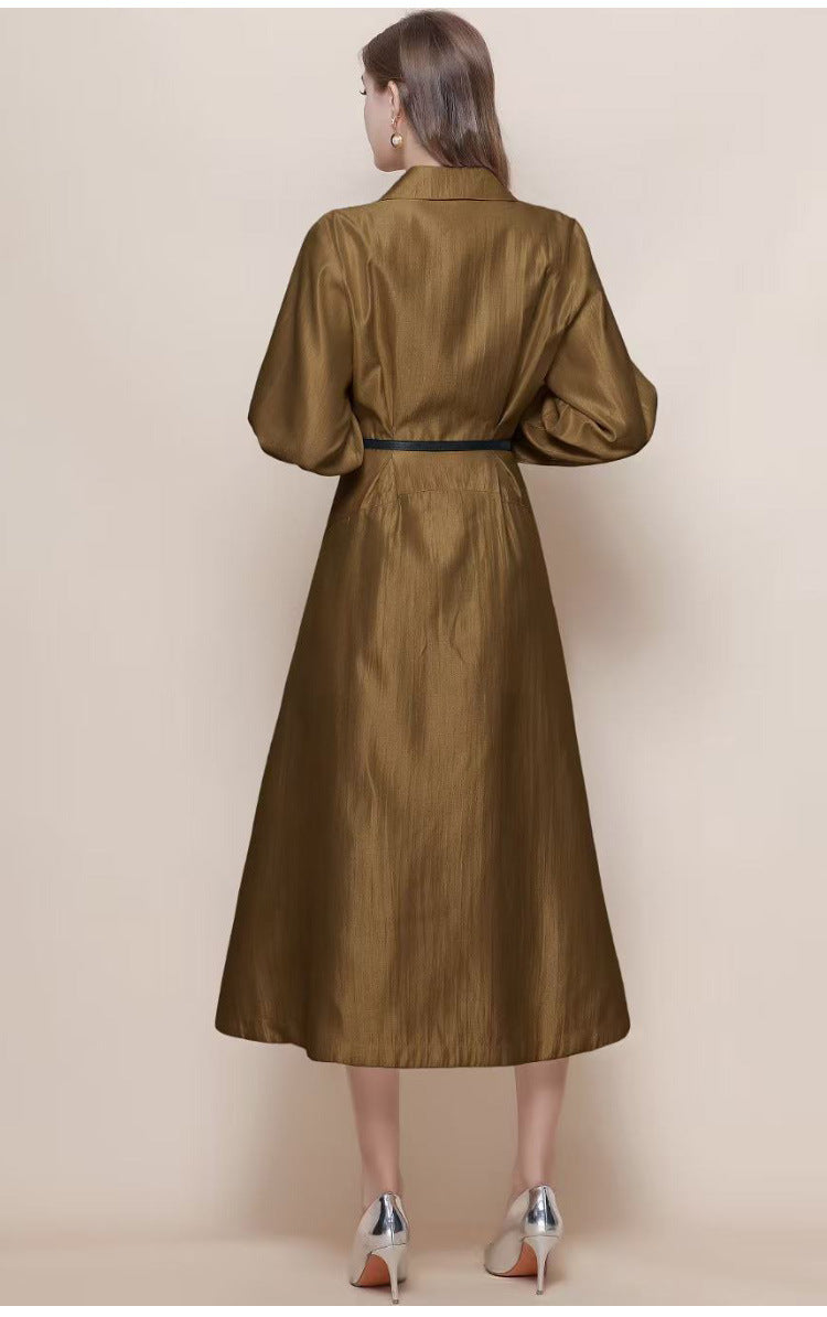 Silk-Texture Belted Midi Dress with Classic Collar