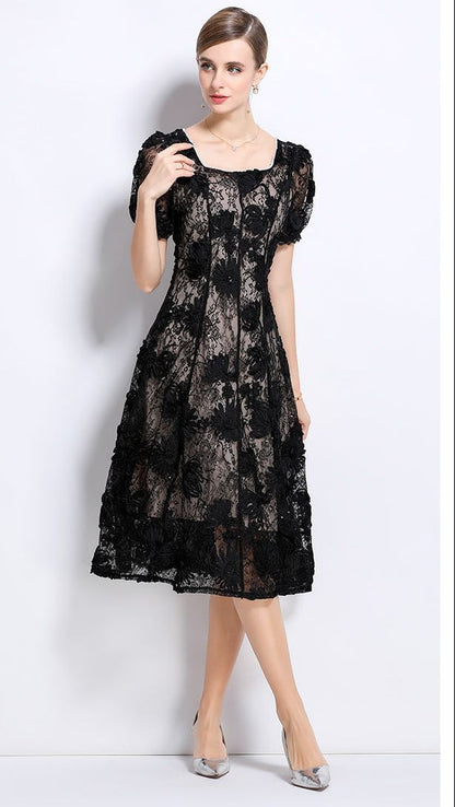 Elegant Black Dress with Puff Sleeves