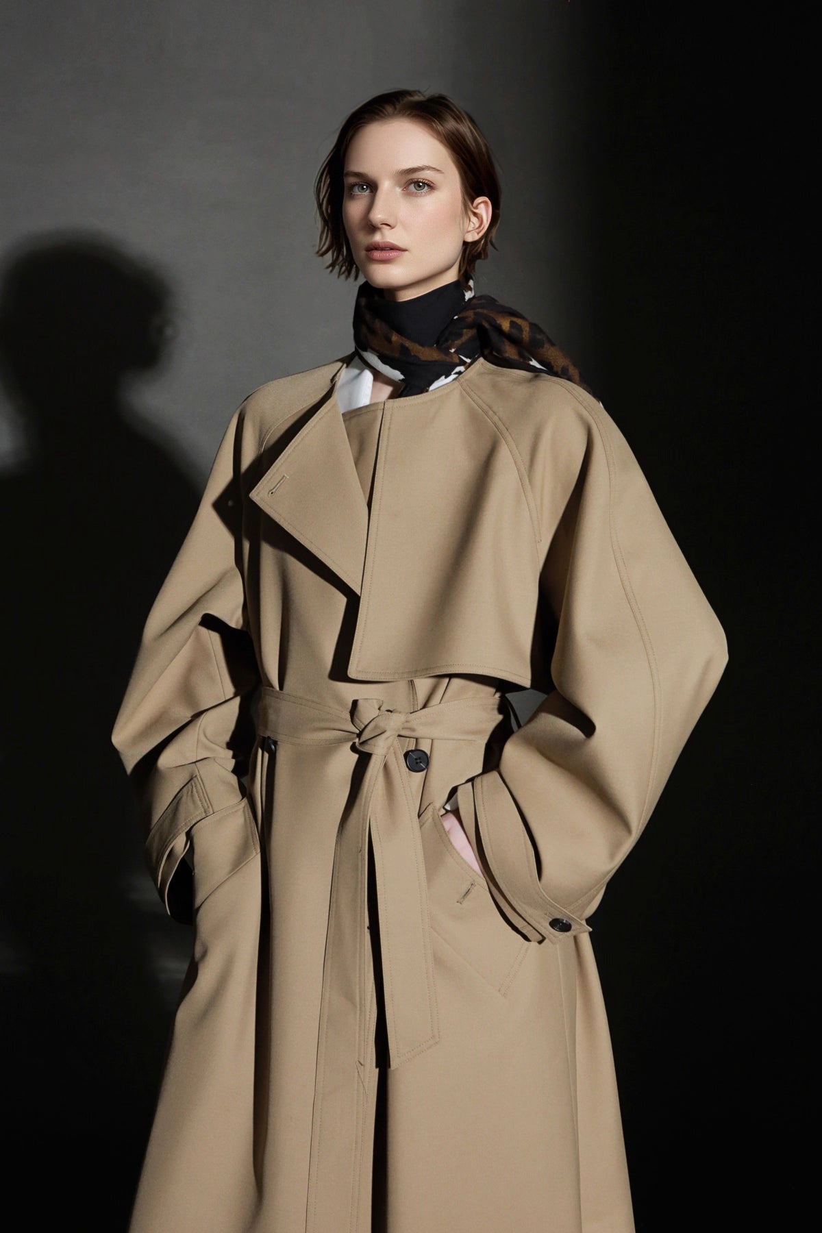 Minimalist Round Neck Wool Blend Trench Coat – Relaxed Fit