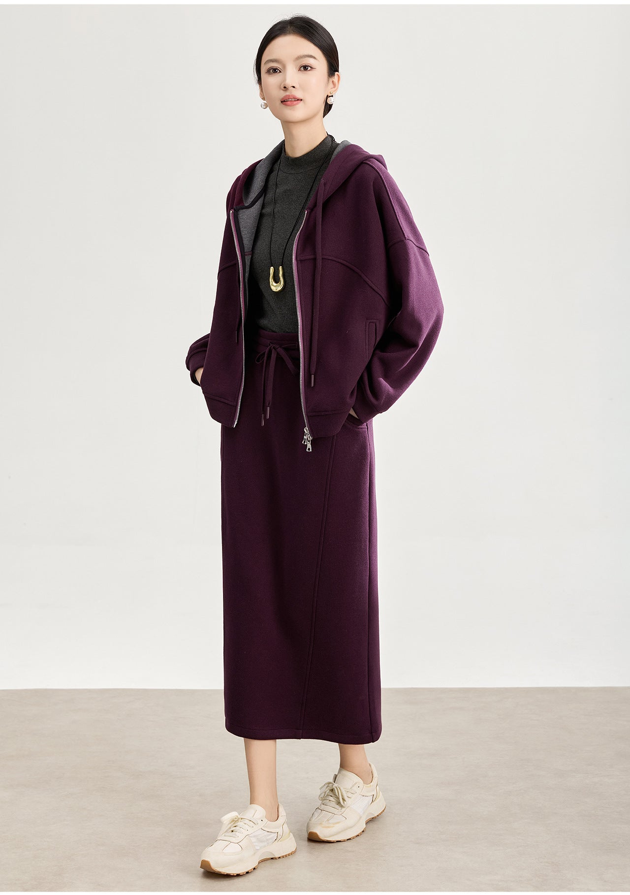 Soft Wool-Blend Hooded Jacket & Elastic Waist Skirt Set