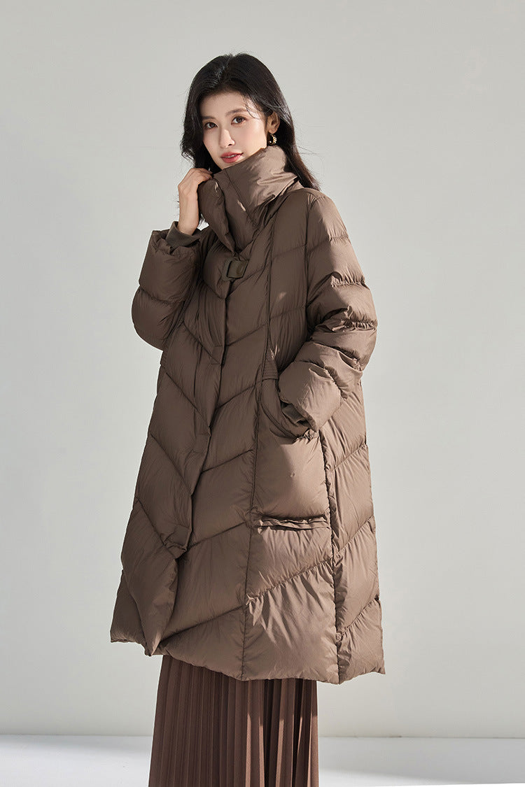 Minimalist Oversized Down Puffer Coat with Leather-Style Buttons