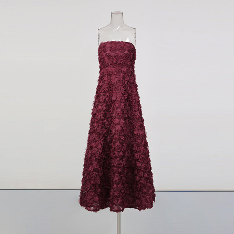 Burgundy 3D Floral Strapless Maxi Dress