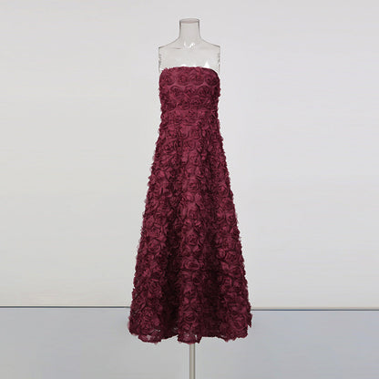 Burgundy 3D Floral Strapless Maxi Dress