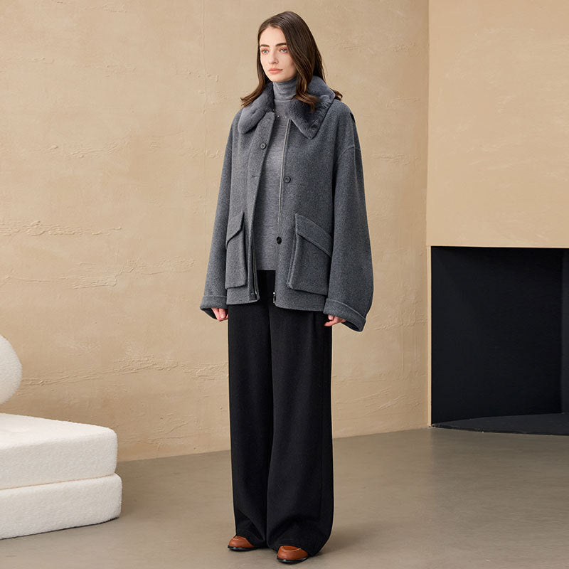 Short Alpaca Wool-Blend Coat with Rex Fur Collar