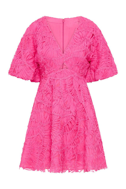 Textured Short Puff Sleeve A-Line Dress