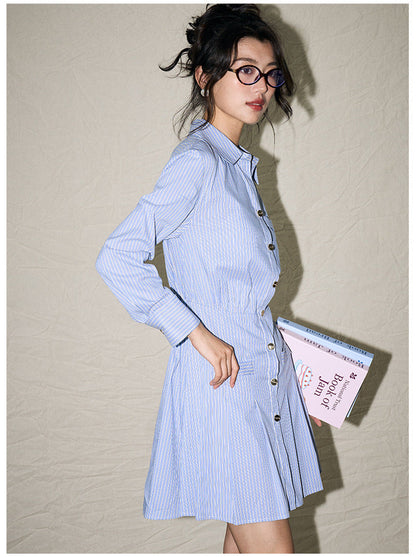College-Style Blue & White Striped Shirt Dress