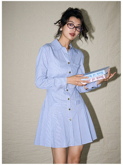 College-Style Blue & White Striped Shirt Dress