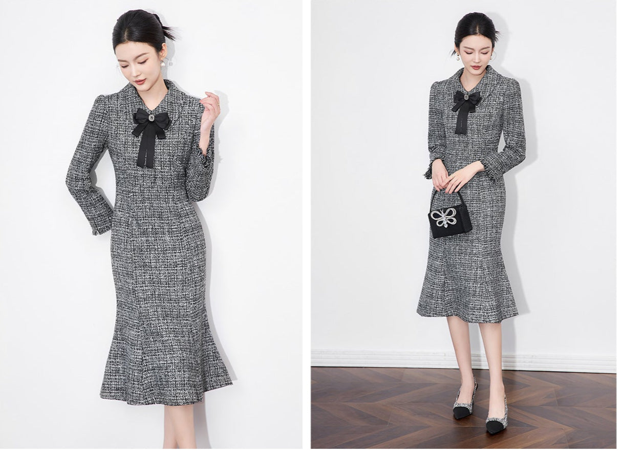 Chanel-Inspired Tweed Mermaid Dress – Elegant Slim Fit Long-Sleeve Design