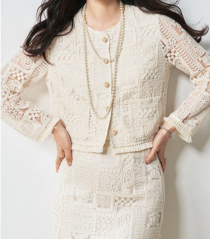 Luxury Beige Two-Piece Set with Fringe & Hollow Floral Details