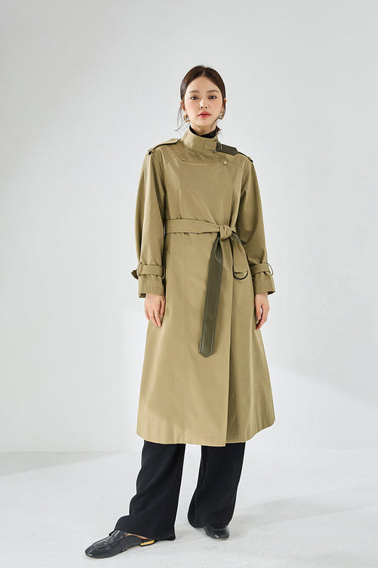 Velvet-Textured Stand Collar Mid-Length Trench Coat