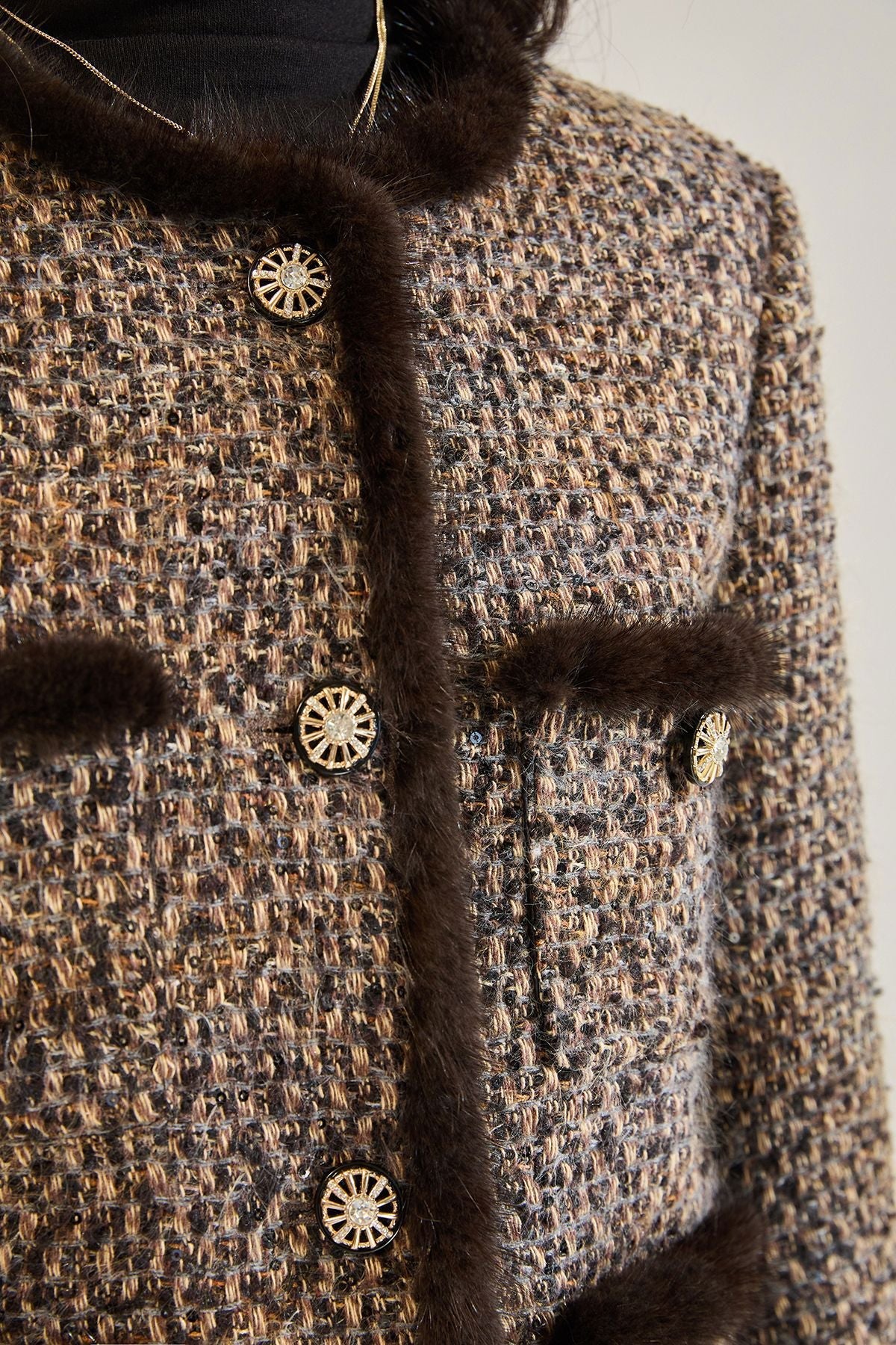 Luxury Tweed Short Puffer Jacket with White Duck Down Filling