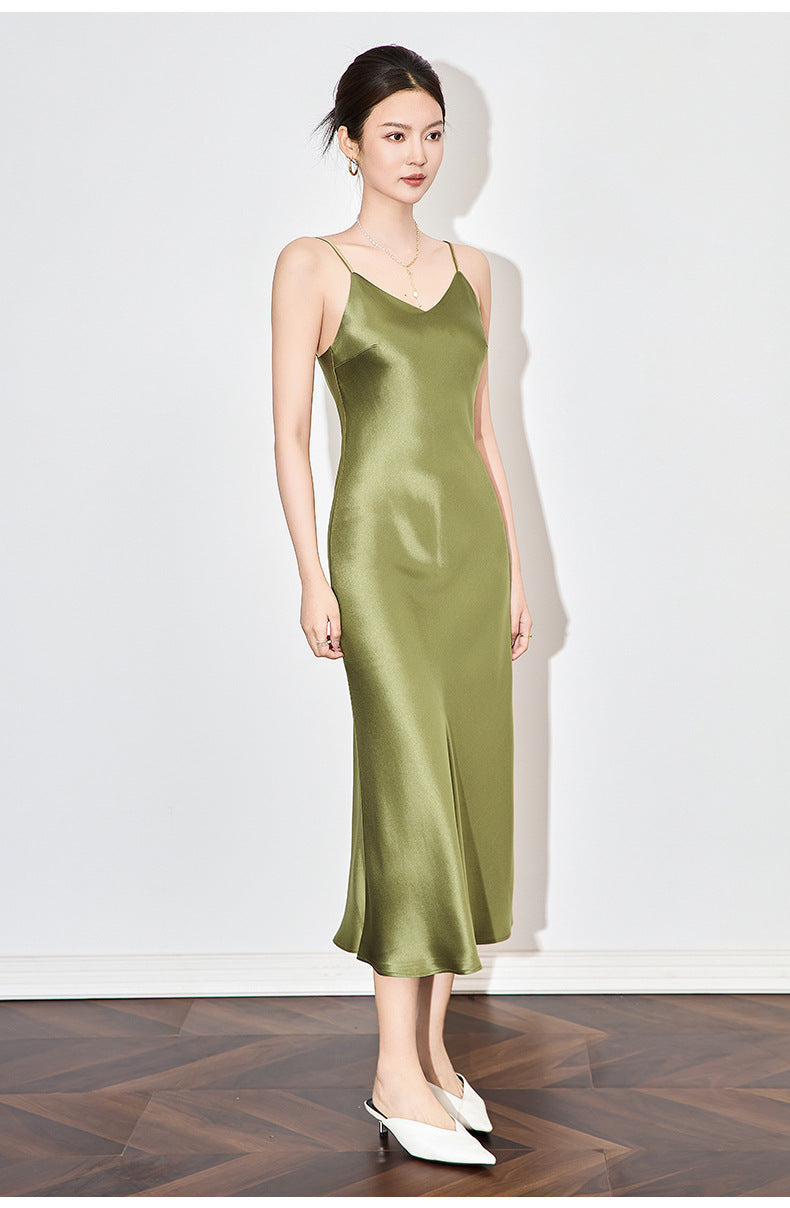 Satin-Texture Acetate Slip Dress with Spaghetti Straps