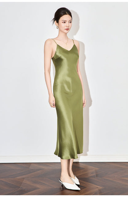 Satin-Texture Acetate Slip Dress with Spaghetti Straps