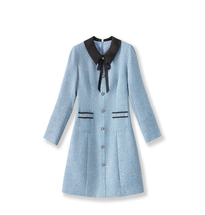 French-Texture Mini Dress with Scarf Collar