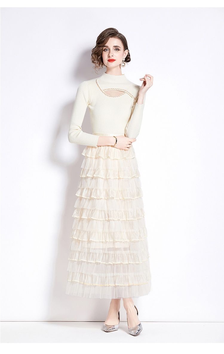 Layered Knit & Tulle Maxi Dress – Faux Two-Piece Design
