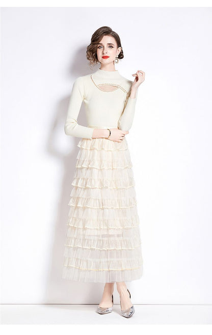 Layered Knit & Tulle Maxi Dress – Faux Two-Piece Design