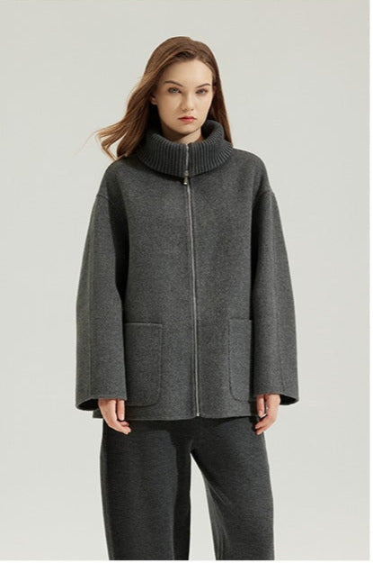 Yün Fermuarlı Stand Yaka Kısa Kaban
