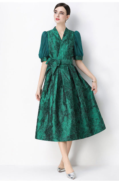 Jacquard Puff Sleeve V-Neck Maxi Dress