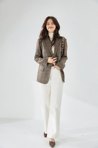 Fine Wool Plaid Oversized Blazer Coat – Coffee Brown